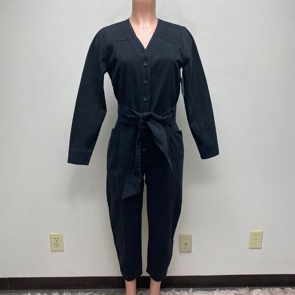 Joie Black Long Sleeve Button Up Belted Leray Cotton V-Neck Jumpsuit 4 $328 New‎ - Picture 1 of 11